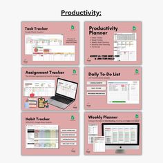 a pink poster with four different types of workbooks on it and the words productivity