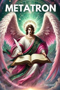 an angel holding a book with the words metatron on it