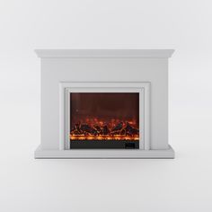 an electric fireplace with flames in the middle and white walls, against a plain background