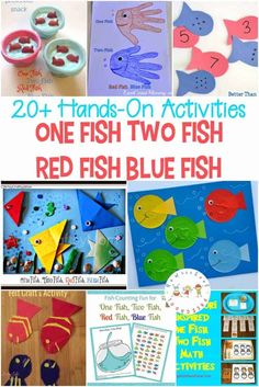 fish crafts and activities for kids to do on the beach or in the water with text overlay that reads 20 + hands - on activities one fish two fish red, blue