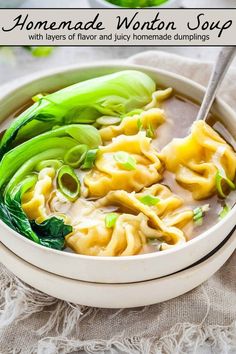 homemade wonton soup with layers of flavor and juicy homemade dumplings in a white bowl