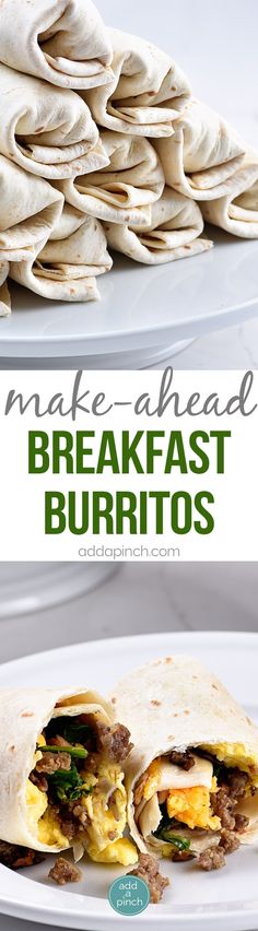 breakfast burritos are stacked on top of each other and ready to be eaten