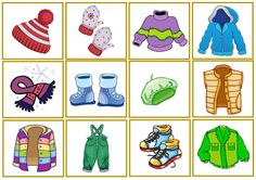 an image of clothes and shoes for children to play with in the wintertime time