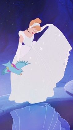 a woman in a white dress standing on top of a piece of blue paper with a bird