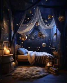 a bedroom with stars and lights hanging from the ceiling, in front of a window