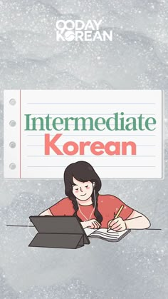 an advertisement for the korean language program, with a girl writing in front of a sign