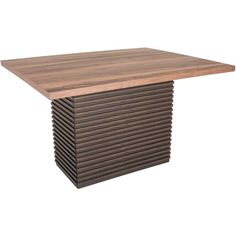 a square wooden table with slats on the top and bottom, against a white background