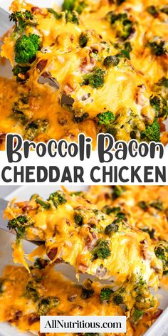 broccoli bacon cheddar chicken casserole in a white dish