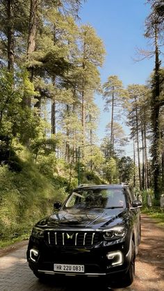 a black jeep parked on the side of a dirt road in front of tall trees