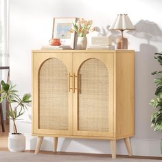 a wooden cabinet with wicker doors and two plants on top, in front of a white wall