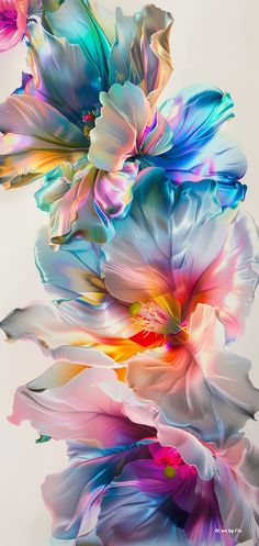 an abstract painting of colorful flowers on a white background with blue, pink and yellow petals