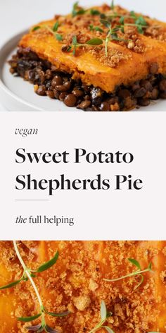 sweet potato shepherdd pie on a white plate with the title overlaying it