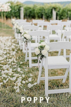 rows of white chairs with flowers on them in front of the vineyard at an outdoor wedding