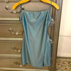 Fits A Small Too Solid Color Mini Sundress For Party, Solid Color Sundress For Night Out, Fitted Casual Satin Mini Dress, Casual Satin Mini Dress, Casual Lined Mini Dress For Evening, Spring Casual Satin Mini Dress, Casual Evening Mini Dress Lined, Casual Evening Mini Dress, Light Blue Mini Dress