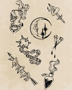 an old school tattoo flash sheet with various tattoos on it's sides and different designs