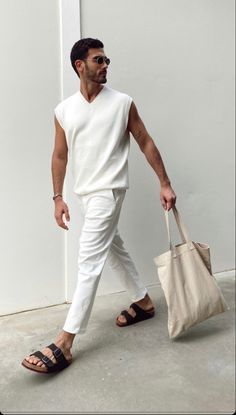 Men Uk Fashion Street Styles, Turks And Caicos Mens Outfits, Mens Beach Outfits Dressy, Casual Luxury Outfits Men, White Beach Outfit Men, Summer Night Outfit Men, Men Sandals Outfit, Men’s Summer Fashion 2023