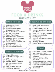 the disney world food and drinks bucket list is shown in purple, green, and blue