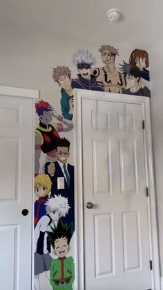 a room with many anime characters painted on the wall and doors to another room in front of it