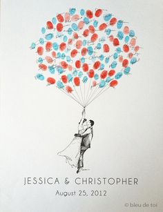 an image of a wedding card with the bride and groom holding balloons in red, white, and blue