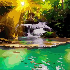 a painting of a waterfall in the middle of a forest with sun shining through trees