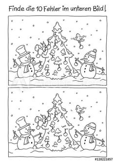 two christmas cards with snowmen and trees in black and white, one has the words find