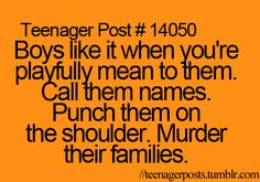 an orange background with the words teenager post 1040 boys like it when you're playful mean to them