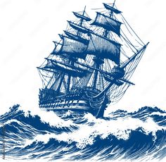 an old sailing ship in the middle of a large ocean wave with blue ink on white paper