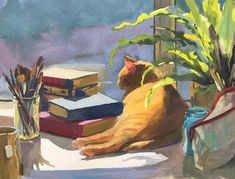 a painting of a cat sitting on a window sill next to books and plants