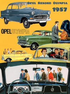 an advertisement for the opel olympic featuring men in suits and women in vintage cars