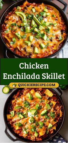 chicken enchilada skillet with avocado and cilantro on top