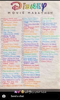 the disney movie marathon checklist is shown on a piece of paper with colorful writing