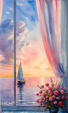 a painting of a sailboat on the water near a window with pink flowers in it