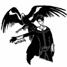 a black and white drawing of a man with an eagle on his arm, pointing to the