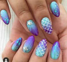 Little Mermaid Nails, Shell Nails, Kutek Disney, Colorful Nail, Purple Nail, Mermaid Nails, Vacation Nails