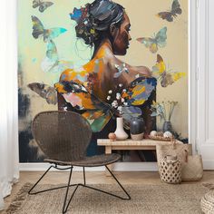 a painting of a woman with butterflies on her back, sitting in front of a table