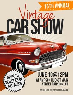 an old car show poster with the words vintage car show on it's side