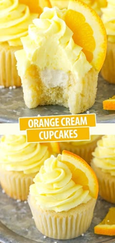 orange cream cupcakes with frosting and sliced orange slices