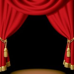 an open red curtain with gold tassels on the top and bottom, in front of a black background