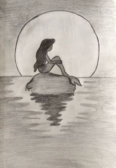 a drawing of a woman sitting on top of a rock in the middle of water