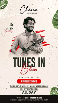 a flyer for a concert with an image of a man holding a guitar and the words tunes in bloom on it