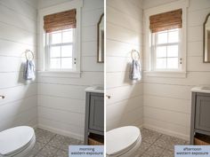 two pictures of a bathroom with white walls and wood trim on the wall, one has a window above the toilet