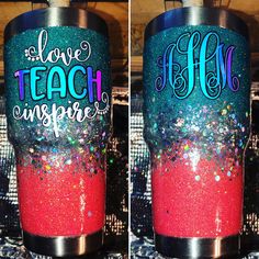 two tumbles with the words love teach inspire painted on them, one is pink and blue