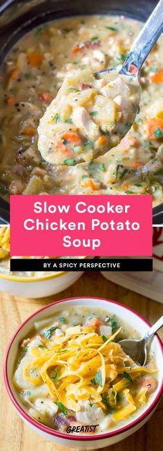 slow cooker chicken and potato soup in a bowl