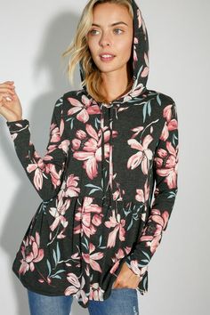 FLORAL PRINT JERSEY BABYDOLL WITH HOODIE CASUAL TOP- Floral print jersey babydoll with hoodie casual top- Long sleeve- Hoodie with self drawstring- Relaxed fit tunic length- Floral print jersey- Model is 5' 8" 31-24-35 and wearing a Small- 87% POLYESTER, 10% RAYON, 3% SPANDEX- MADE IN U.S.A Style: Casual Print / Pattern: Floral print Fit: Relaxed fit Embellishment: Hoodie Sleeve: Long sleeve Lining: No Made In: United StatesFabric Contents: 86% POLYESTER, 10% RAYON, 4% SPANDEXNon-sheer fabricCare Instructions: Machine wash cold, Do not bleachSize Measurement (inch): S: 36.0-38.0 (Bust), null (Waist), null (Hips), null (Length) M: 38.0-40.0 (Bust), null (Waist), null (Hips), null (Length) L: 40.0-42.0 (Bust), null (Waist), null (Hips), null (Length) Cute Long Sleeve Top With Drawstring Hood, Spring Gray Hooded Top, Gray Hooded Top For Spring, Gray Hooded Spring Top, Casual Spring Hoodie Top, Casual Long Sleeve Tops With Drawstring Hood, Spring Drawstring Loungewear Tops, Spring Loungewear Tops With Drawstring, Spring Drawstring Tops For Loungewear