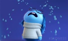 a blue cartoon character wearing glasses and a sweater with rain drops falling down on him