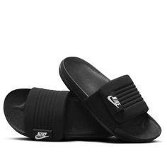 Nike Offcourt Adjust Slide 'Black White' DQ9624-001 Black Slides For Leisure In Spring, Black Synthetic Slides For Leisure, Nike Casual Slides For Streetwear, Black Slides For Streetwear In Spring, Black Slides For Spring Streetwear, Black Sports Slides, Black Comfortable Nike Slides, Nike Black Synthetic Slides, Black Sporty Slides For Sports