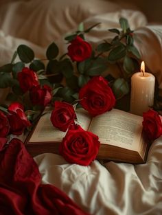 an open book and some red roses on a bed with a candle in the middle