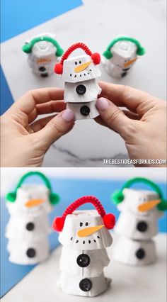 snowmen made out of toilet paper are shown in the process of making them look like they