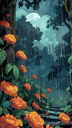 an image of flowers and trees in the rain