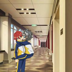 two anime characters hugging each other in an empty hallway